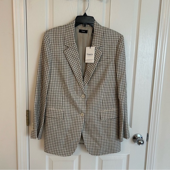 Theory Check Linen Blend Blazer Cream/ Grey Multi Size 6 - Picture 6 of 14
